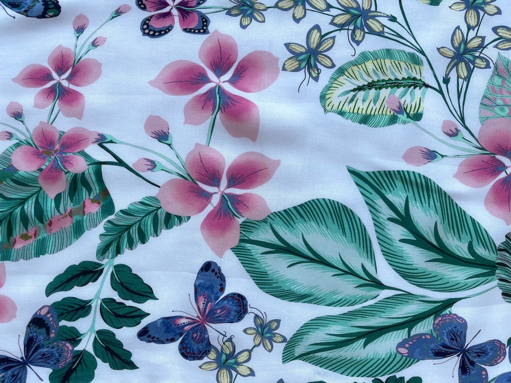 Rayon Fabric, Delicate Springtime Butterflies & Blooms Rayon Challis ...