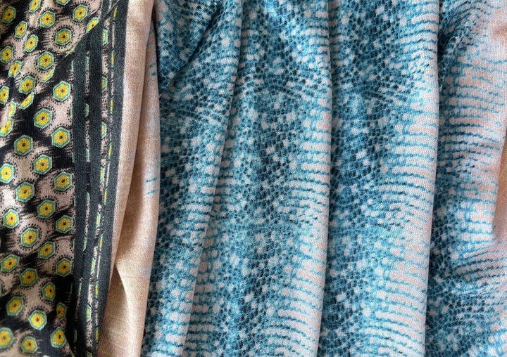 Border Print - Derek Lam Peach & Teal Blue Snakeskin Viscose Knit (Made in Italy)