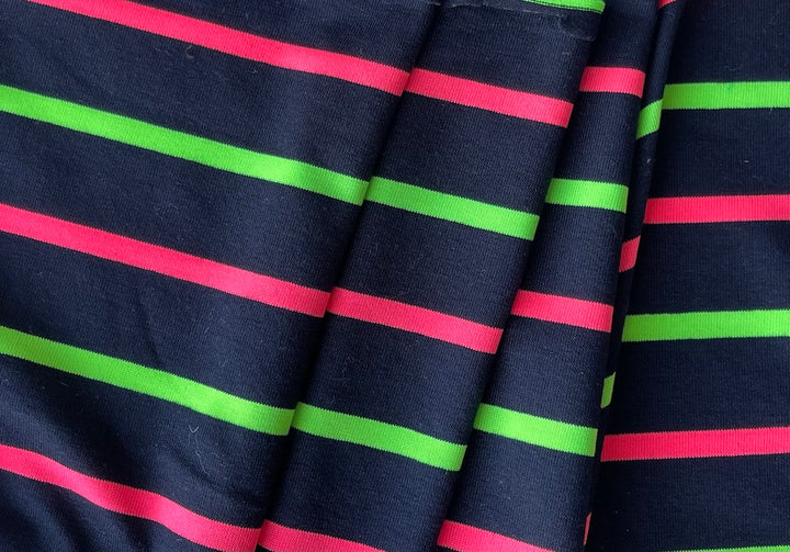Black, Florescent Pink & Green Striped Viscose Jersey Knit (Made in Italy)