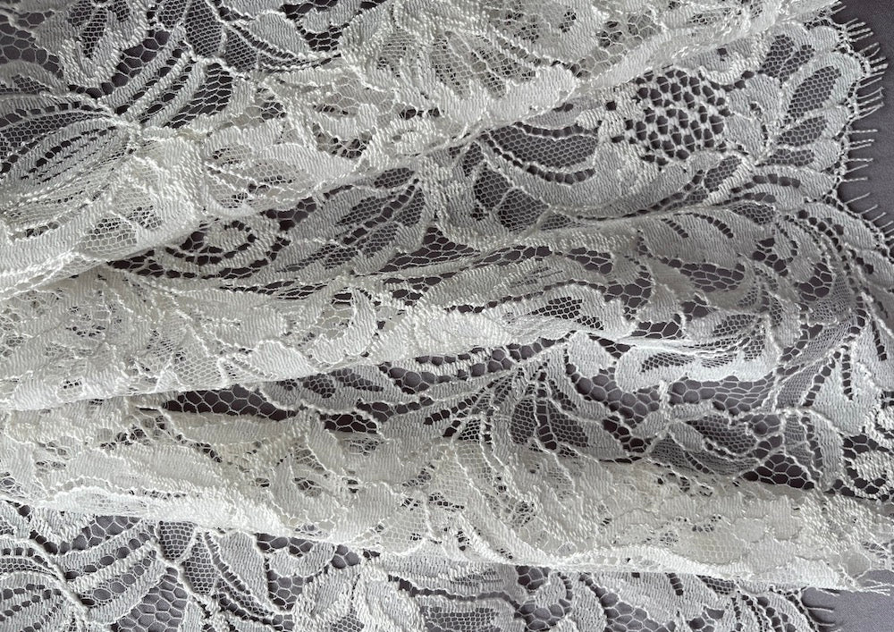 Double-Scalloped Floral Corded Lace Trim - White