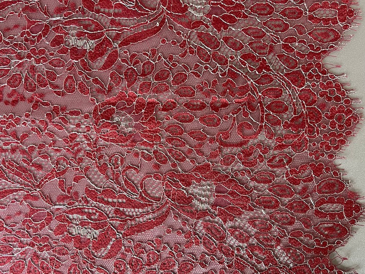 Double Scalloped Garnet & Silver Floral Chantilly Lace Fabric (Made in USA)