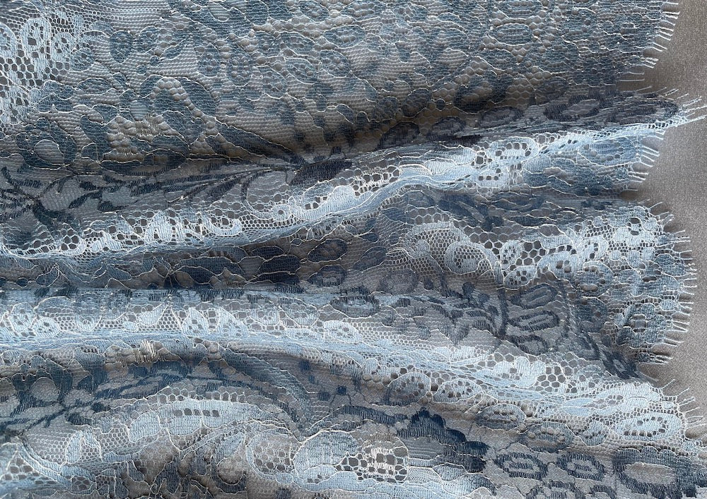 Double Scalloped Shimmery Ice Blue & Silver Floral Chantilly Lace Fabric (Made in USA)
