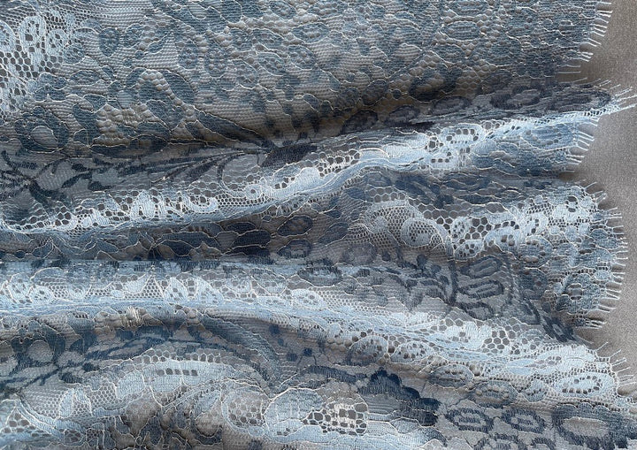 Double Scalloped Shimmery Ice Blue & Silver Floral Chantilly Lace Fabric (Made in USA)