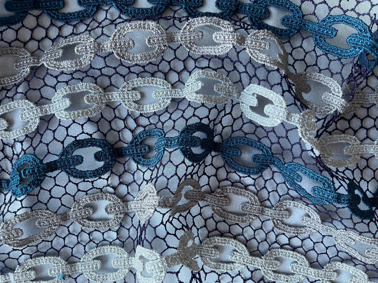Lace fabric Teal Silver Chain Link Lace Fabric Made in Italy
