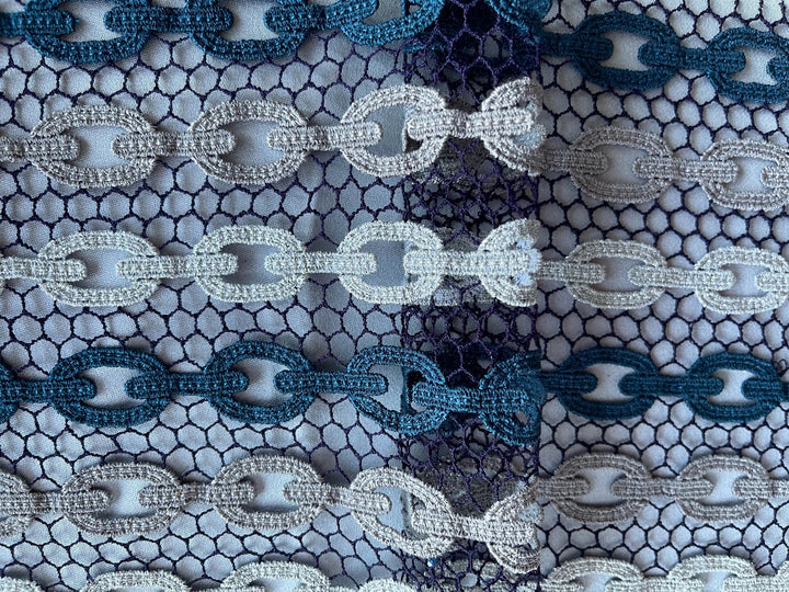 Teal Blue & Silver Chain Link Lace Fabric (Made in Italy)