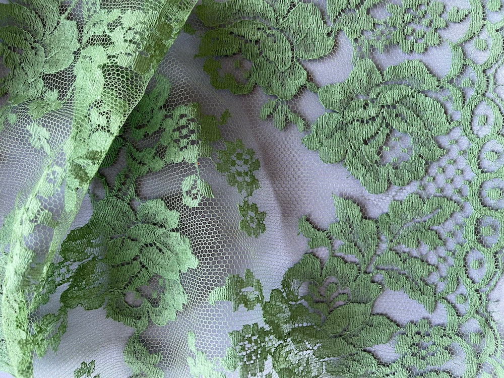 Scalloped Pistachio Green Chantilly Lace Fabric (Made in France)