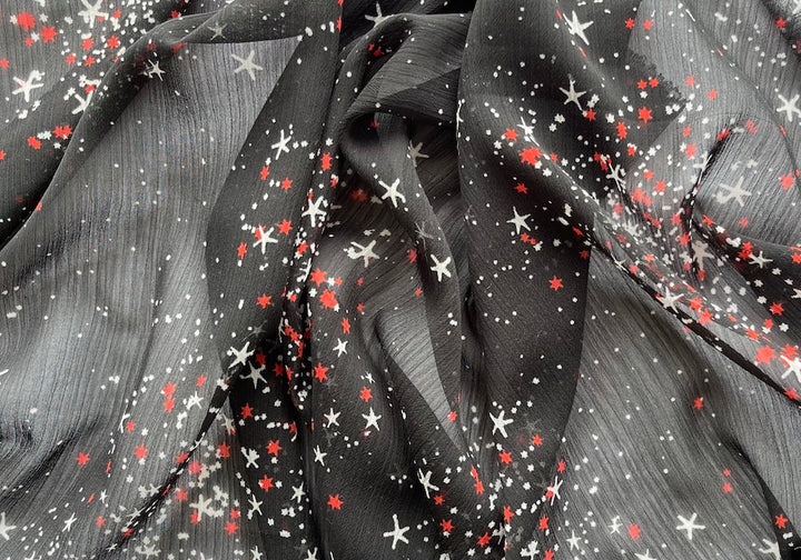 Ermine & Cherry Stars Crinkled Polyester Chiffon (Made in Italy)