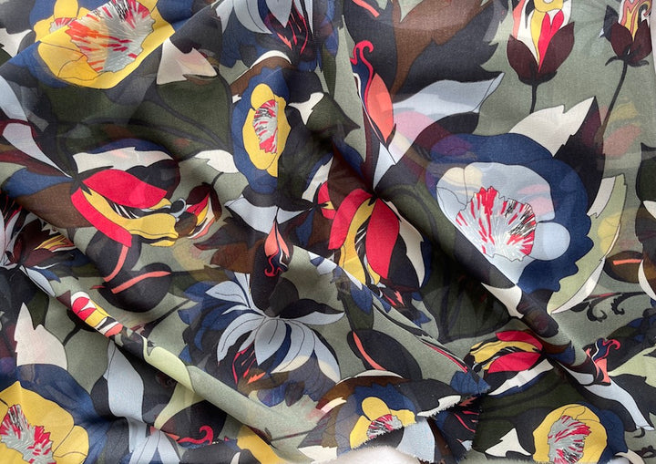 Blooming Poppies & Tulips Polyester Chiffon (Made in Italy)