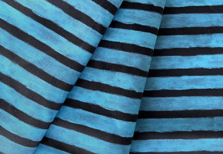 Striped Heathered Sky Blue & Black Polyester Taffeta (Made in Italy)