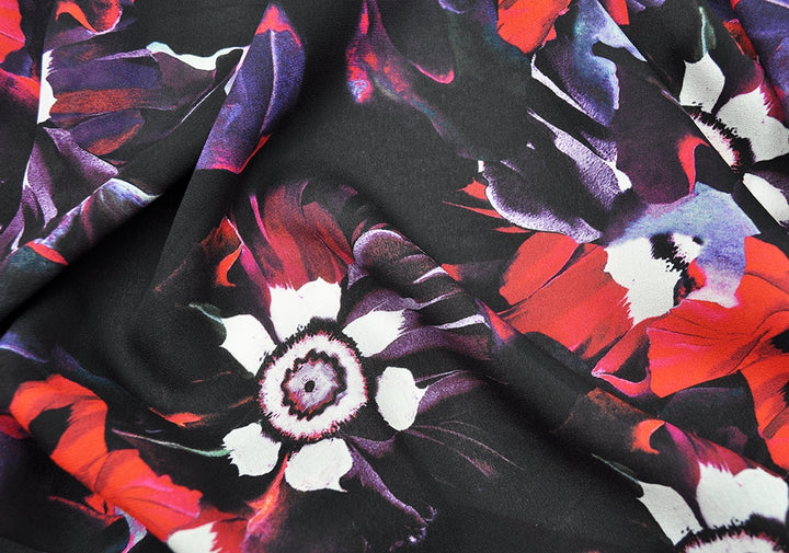 Midnight Tropical Floral Plum Passion Silk Crepe