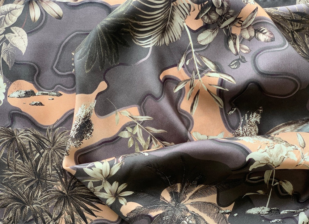 Art Deco-Inspired Muted Tropical Silk Twill (Made in Italy)