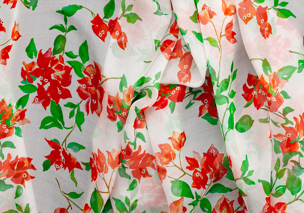 Designer Fiery Tropical Blossoms Silk Chiffon