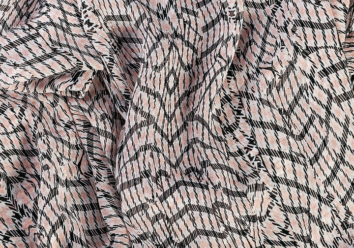 Blush Peach & Black Crumpled Plaid Stripes Silk Chiffon (Made in Italy)
