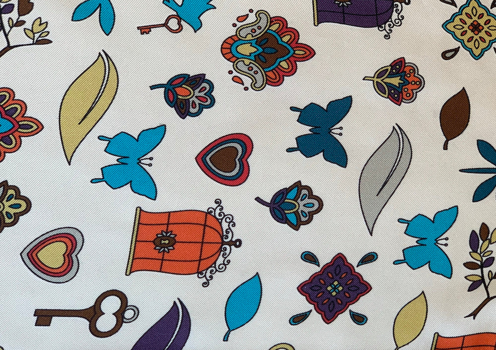Autumnal Butterflies & Birdcages Charms Silk Twill (Made in Italy)