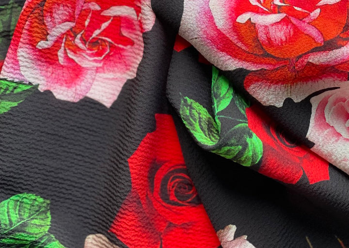Dramatic Carmine & Pink Roses Crinkled Silk Crepe De Chine (Made in Italy)