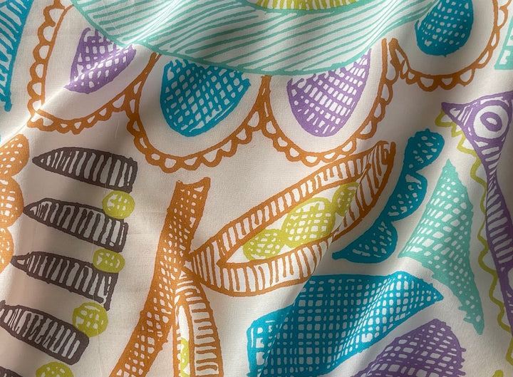 Designer Aqua Floral Sketch Silk Crepe de Chine (Made in Italy)