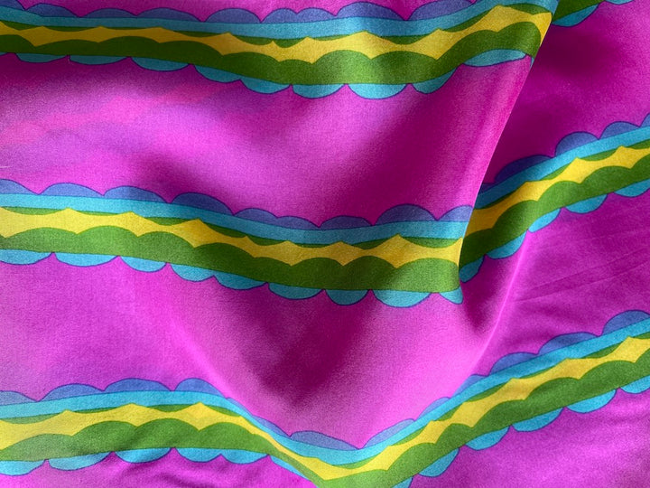 Fuchsia Scalloped Stripes Silk Habutai (Made in Italy)