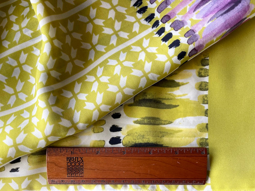 39" Panel - Jil Sander Abstract Feathered Citrine & Plum Silk Crepe De Chine (Made in Italy)