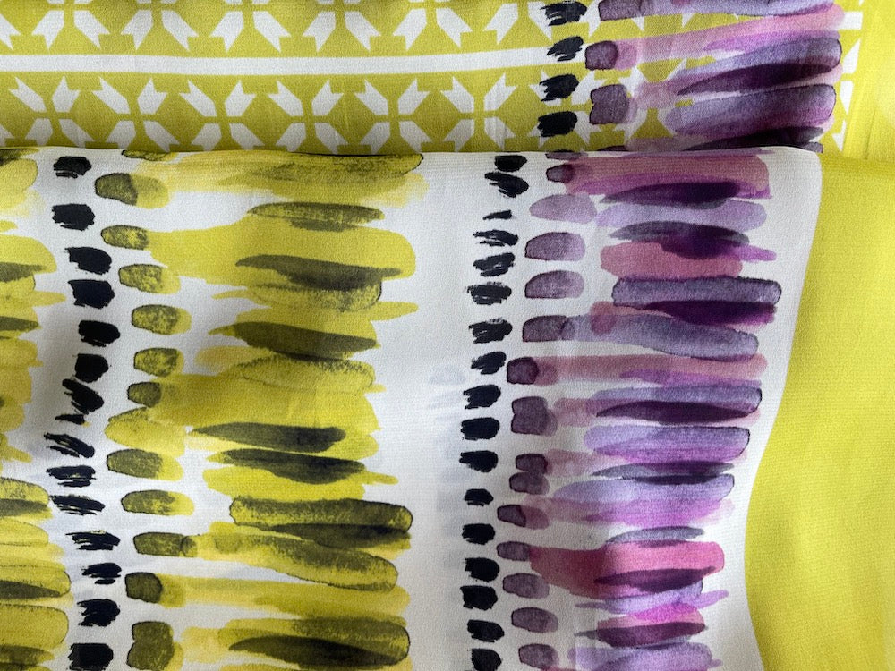 39" Panel - Jil Sander Abstract Feathered Citrine & Plum Silk Crepe De Chine (Made in Italy)