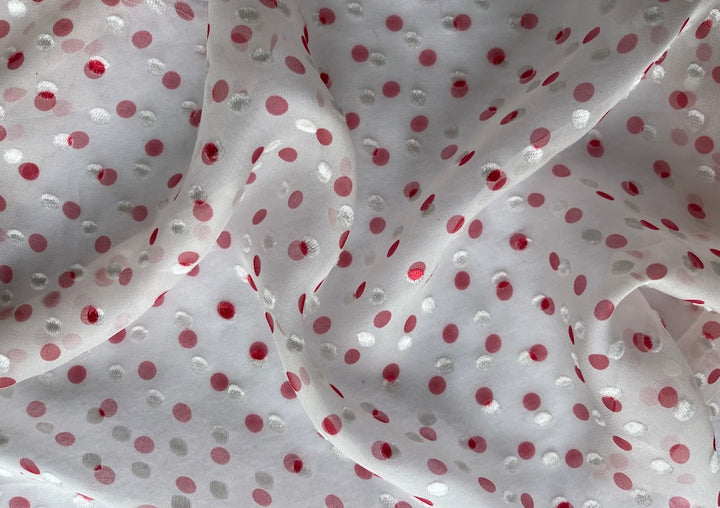 Giambattista Valli Feminine Cherry & Marshmallow Clipped Dotted Silk Chiffon (Made in Italy)