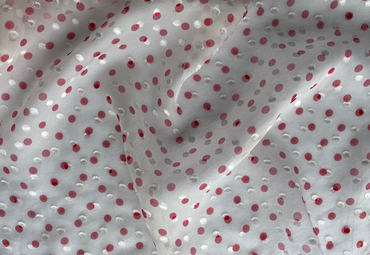 Giambattista Valli Feminine Cherry & Marshmallow Clipped Dotted Silk Chiffon (Made in Italy)