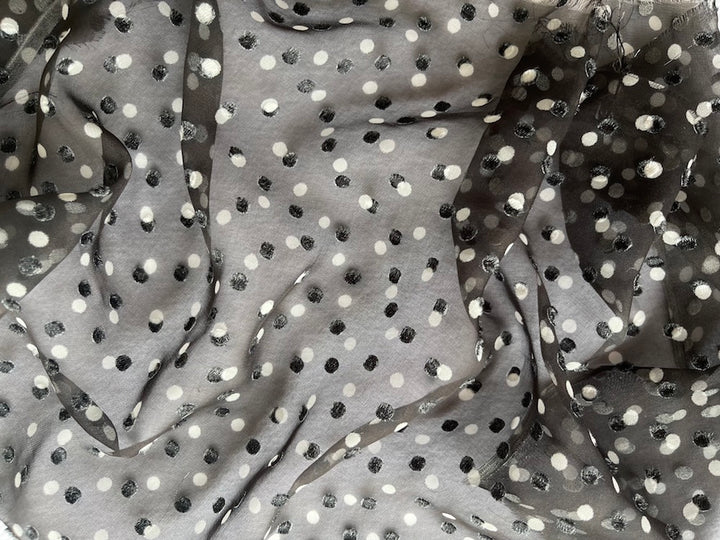 Giambattista Valli Licorice & Marshmallow Clipped Dotted Silk Chiffon (Made in Italy)