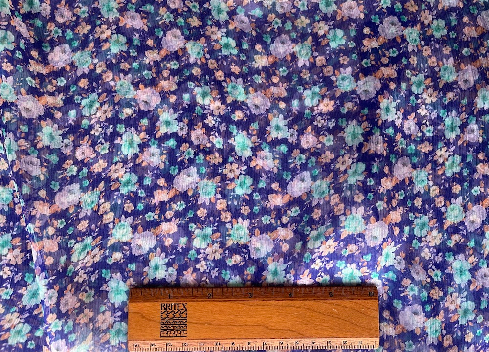 Parosh Semi-Sheer Aqua & Violet Floral Silk Chiffon (Made in Italy)