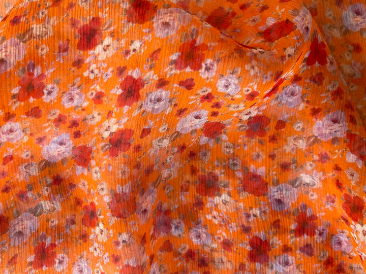 Tumbling Tangerine Lilac & Red Roses Silk Chiffon (Made in Italy)