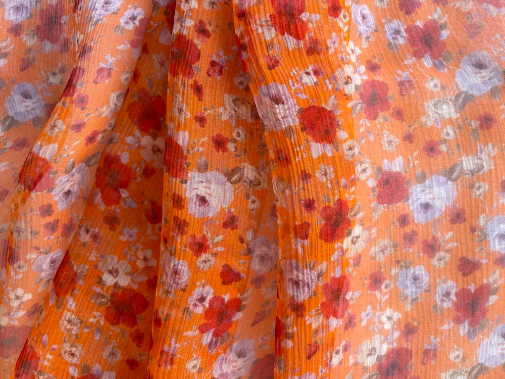 Tumbling Tangerine Lilac & Red Roses Silk Chiffon (Made in Italy)