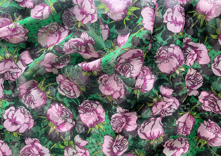 Emanuel Ungaro Pink Roses & Emerald Lace Silk Chiffon (Made in Italy)