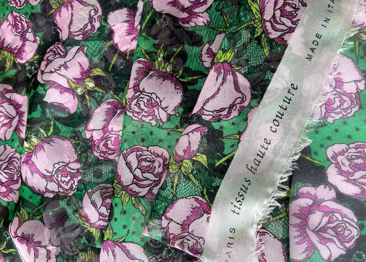 Emanuel Ungaro Pink Roses & Emerald Lace Silk Chiffon (Made in Italy)