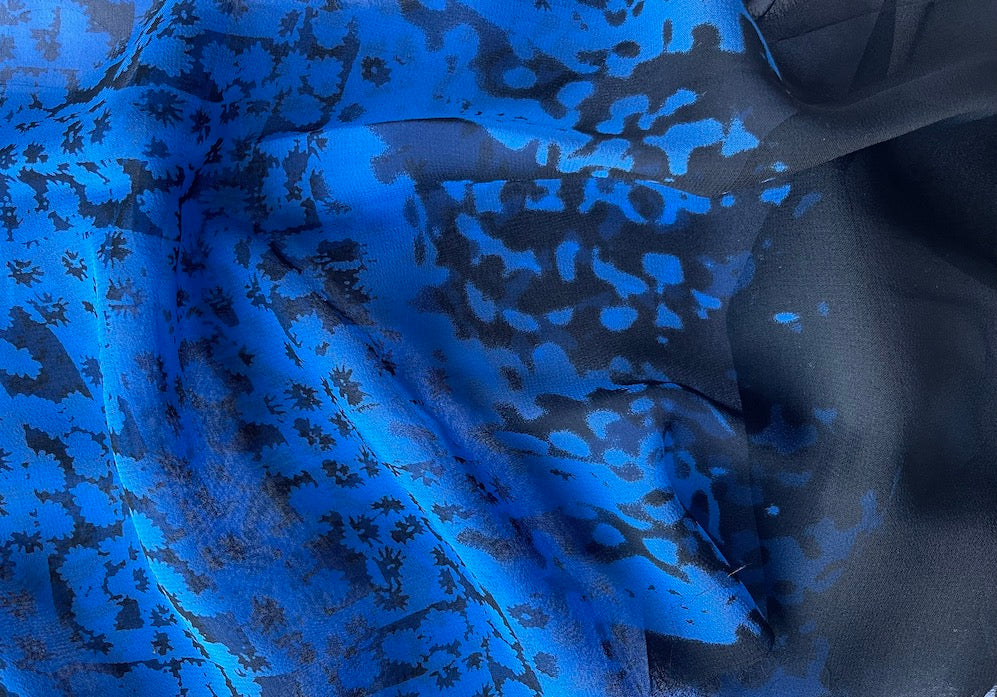Border Print - Cobalt Blue & Black Floral Silk Chiffon (Made in Italy)