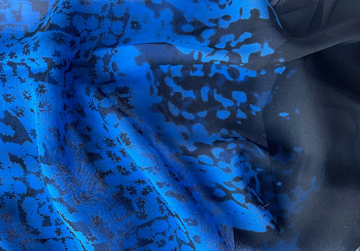 Border Print - Cobalt Blue & Black Floral Silk Chiffon (Made in Italy)