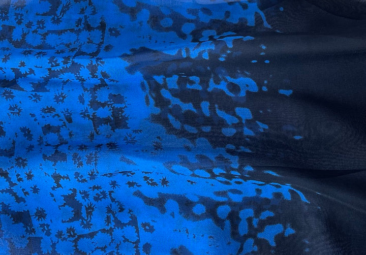 Border Print - Cobalt Blue & Black Floral Silk Chiffon (Made in Italy)