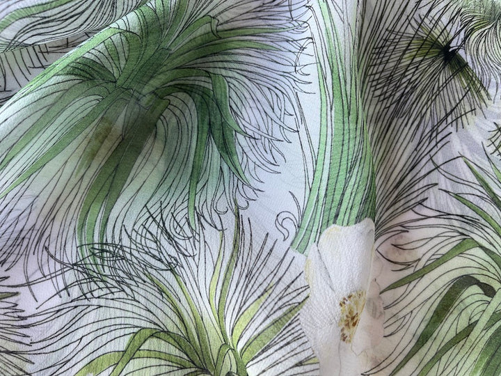 White Camellias & Dracaena Leaves Silk Chiffon (Made in Italy)