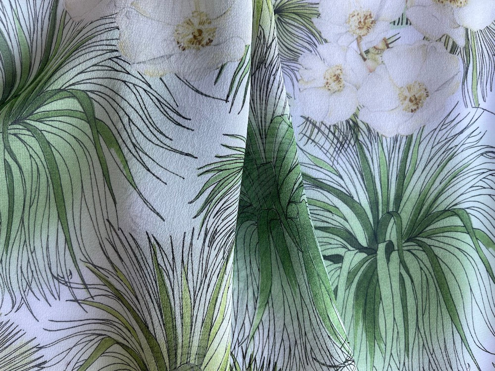 silk dracaena Silk fabric, White Camellias & Dracaena Leaves Silk Chiffon (Made in Italy) – Britex Fabrics