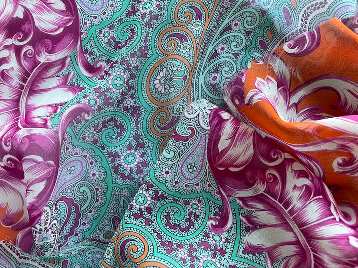 66" Panel - Ungaro Aquamarine & Fuchsia Whirling Dervish Silk Chiffon (Made in Italy)
