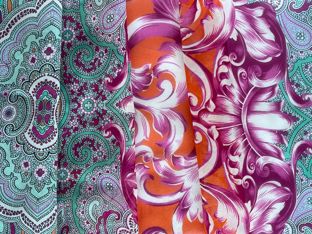 66" Panel - Ungaro Aquamarine & Fuchsia Whirling Dervish Silk Chiffon (Made in Italy)