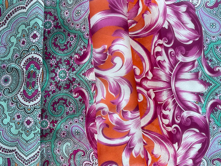 66" Panel - Ungaro Aquamarine & Fuchsia Whirling Dervish Silk Chiffon (Made in Italy)