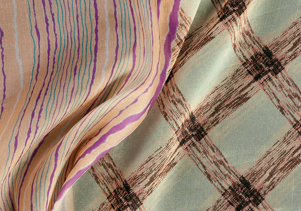 Designer Autumn Pastel Striped & Plaid Silk Chiffon