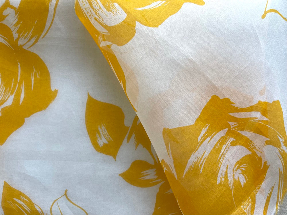 Semi-Sheer Buoyant Marigold Yellow Roses Silk Organza  (Made in Italy)
