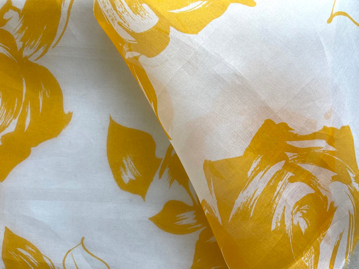 Semi-Sheer Buoyant Marigold Yellow Roses Silk Organza  (Made in Italy)