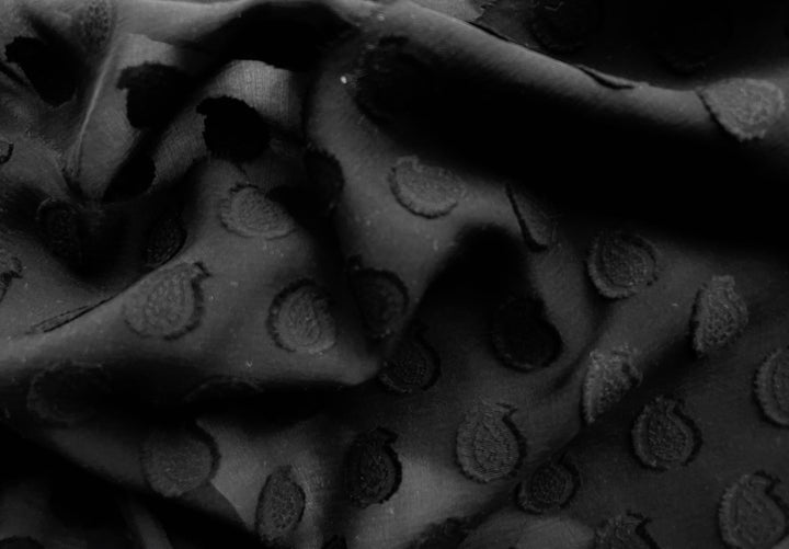 Romantic Black Fil Coupé Paisley Dots Silk & Cotton Chiffon