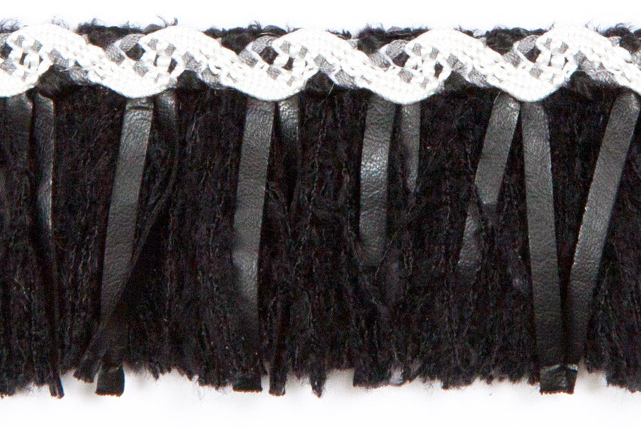 1 1/2" Black Chenille & Pleather Fringed Trim with Winter White Accent