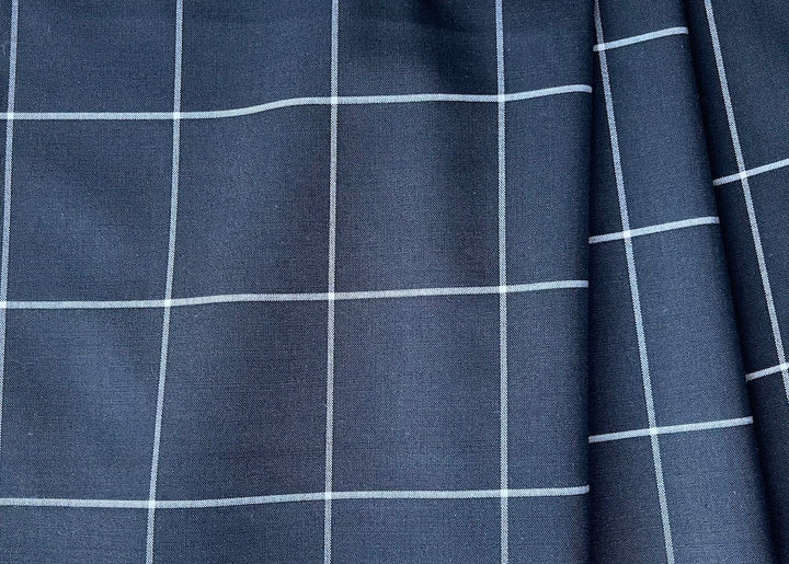 Navy & Sky Blue Windowpane Check Stretch Wool (Made in Italy)