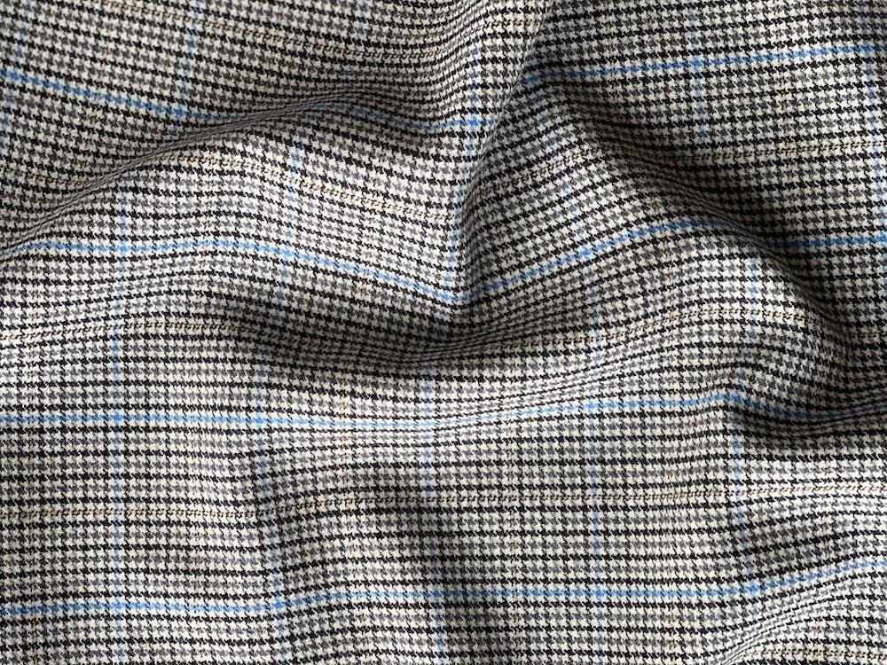 Black, White & Sky Blue Glen Plaid Stretch Wool Flannel (Made in Italy)