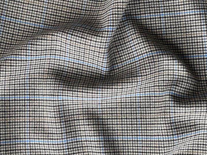 Black, White & Sky Blue Glen Plaid Stretch Wool Flannel (Made in Italy)