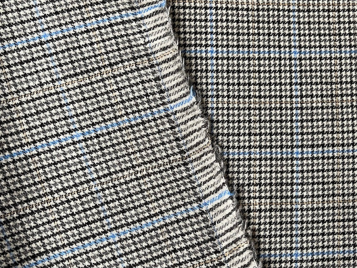 Black, White & Sky Blue Glen Plaid Stretch Wool Flannel (Made in Italy)