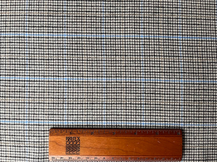 Black, White & Sky Blue Glen Plaid Stretch Wool Flannel (Made in Italy)