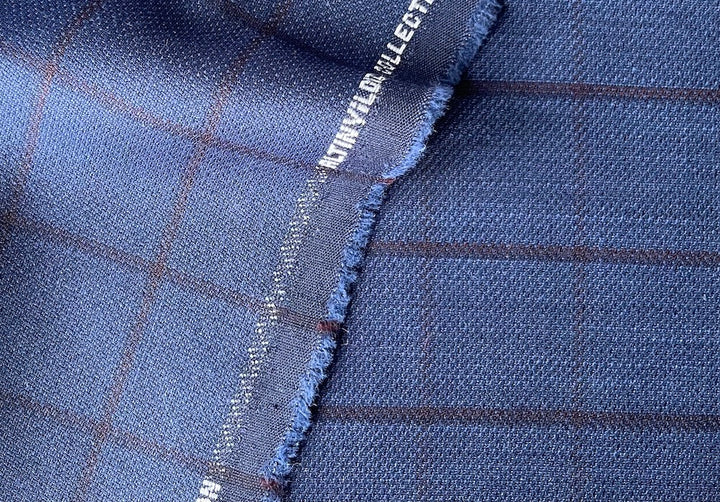 Selvedged Royal Windowpane Plaid Stretch Wool  (Made in Turkey)